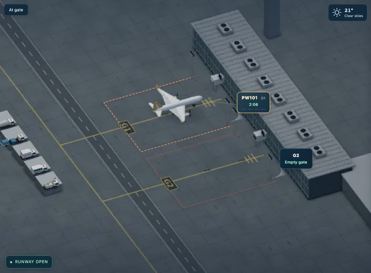 Airport Turnaround 개발 빌드의 항공기, 게이트, 지상 서비스 차량.