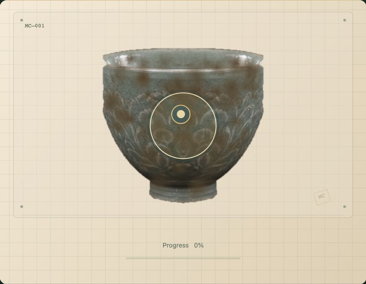Museum Conservator 개발 빌드에서 조사 조명을 비춘 도자기 습작.