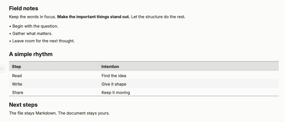 A real SeamText document with a formatted heading, list, and table.