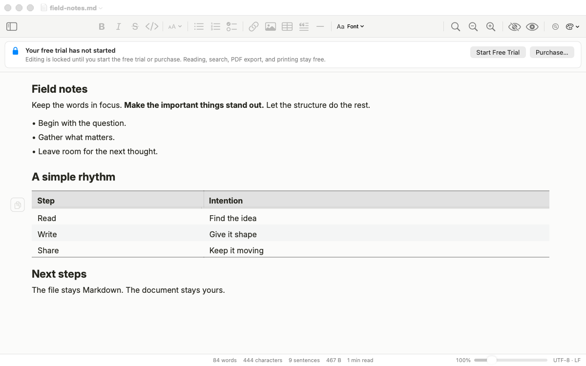 A real SeamText document with a formatted heading, list, and table.